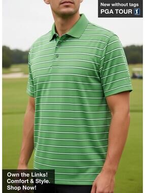 PGA TOUR Green Striped Golf Polo Shirt